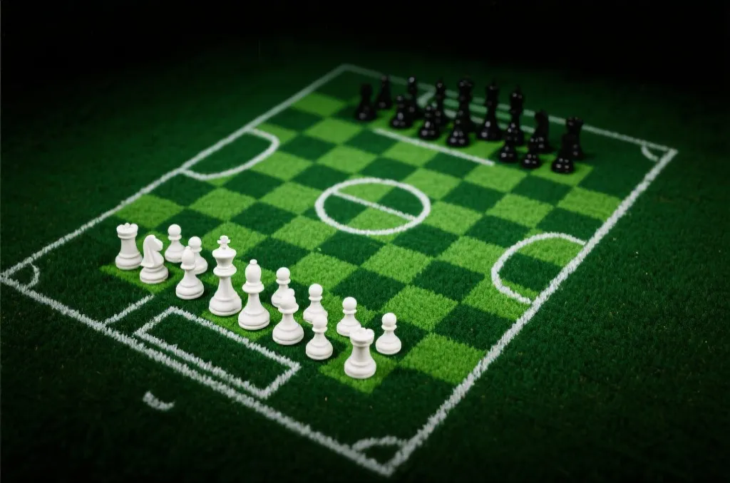 绿茵足球场图案的国际象棋盘，象征策略、博弈与心理战，深色调